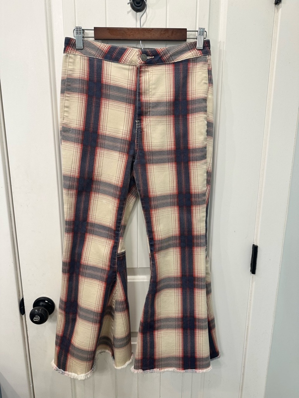 We The Free Plaid Flare Jeans Raw Hem Size 29